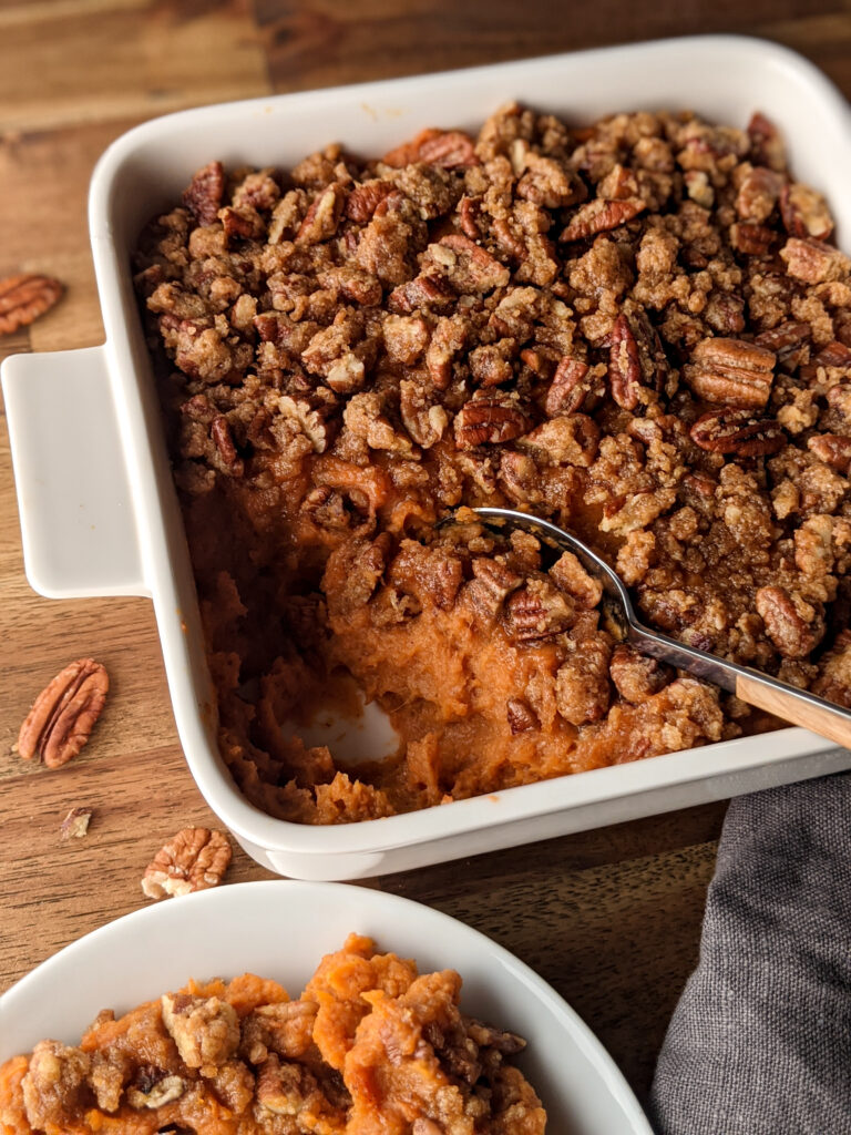 Serving sweet potato casserole on small plate