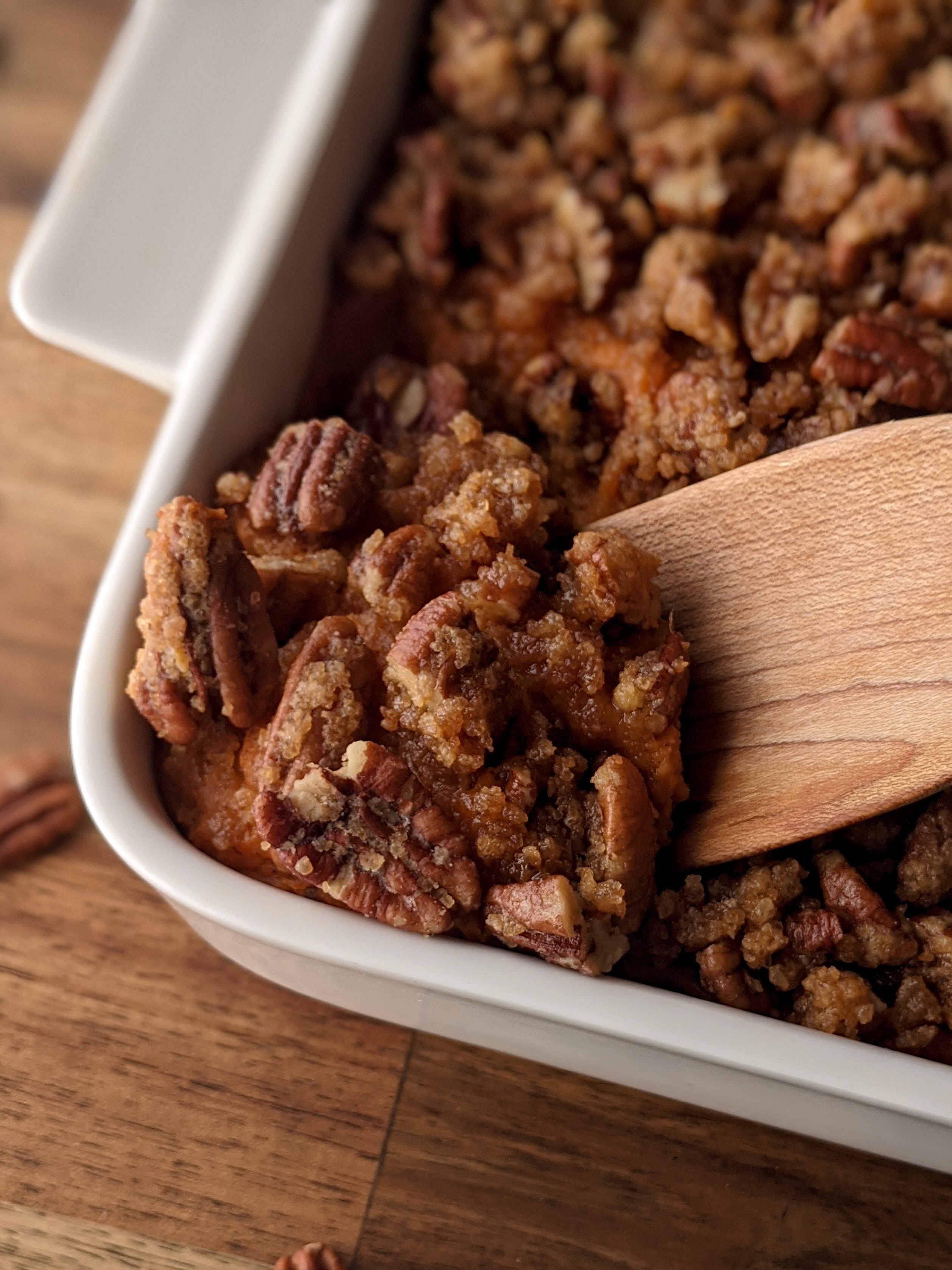 Close up of crunchy pecan topping