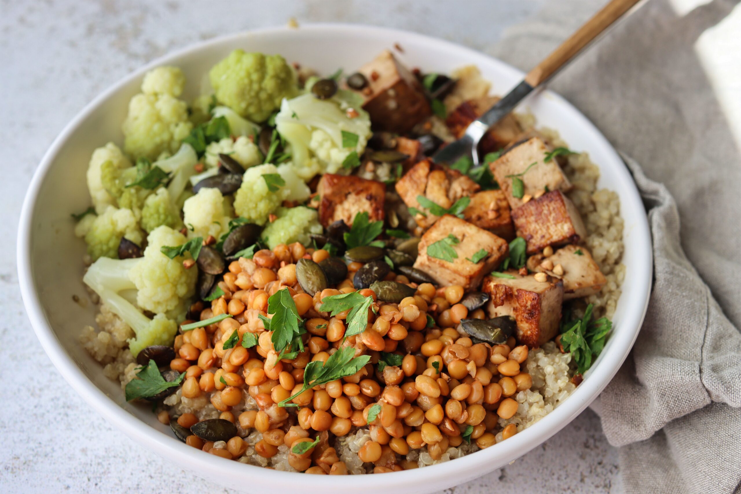 Nourish Bowl With Cheesy Quinoa And Tofu High Protein She Likes Greens